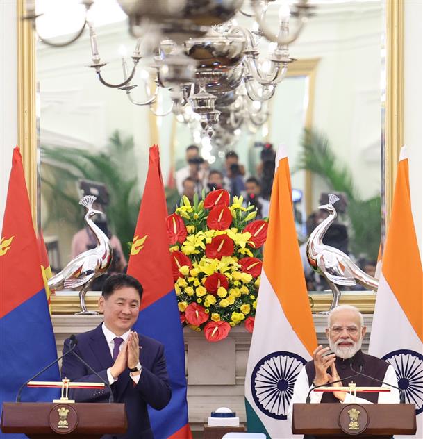 PM and the President of Mongolia, Mr. Khurelsukh Ukhnaa witnessing the Exchange of MoUs between India and Mongolia at Hyderabad House, in New Delhi on October 14, 2025.