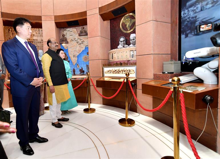 The Speaker of Lok Sabha, Shri Om Birla and the President of Mongolia, Mr. Khurelsukh Ukhnaa Visited New Parliament Building, in New Delhi on October 14, 2025.