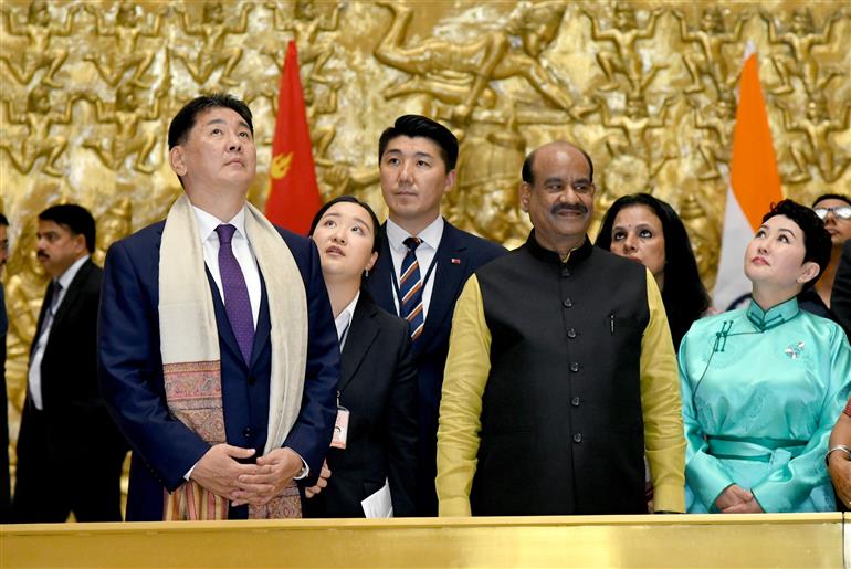 The Speaker of Lok Sabha, Shri Om Birla and the President of Mongolia, Mr. Khurelsukh Ukhnaa Visited New Parliament Building, in New Delhi on October 14, 2025.