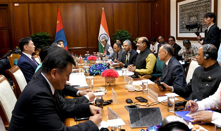 The Speaker of Lok Sabha, Shri Om Birla meeting with the President of Mongolia, Mr. Khurelsukh Ukhnaa at Parliament House, in New Delhi on October 14, 2025.