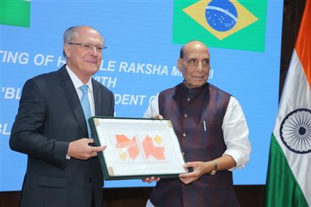 The Union Minister for Defence, Shri Rajnath Singh receiving the Vice President of Brazil Mr Geraldo Alckmin and Defence Minister of Brazil Mr. Jose Mucio Monteiro Filho ahead of their meeting, in New Delhi on October 15, 2025.