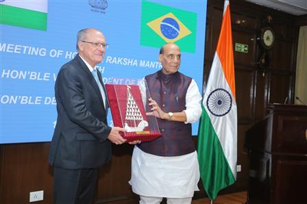 The Union Minister for Defence, Shri Rajnath Singh receiving the Vice President of Brazil Mr Geraldo Alckmin and Defence Minister of Brazil Mr. Jose Mucio Monteiro Filho ahead of their meeting, in New Delhi on October 15, 2025.