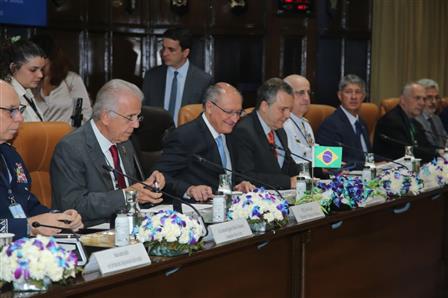 Glimpses of meeting between the Union Minister for Defence, Shri Rajnath Singh with the Vice President of Brazil Mr. Geraldo Alckmin and Defence Minister of Brazil Mr Jose Mucio Monteiro Filho, in New Delhi on October 15, 2025.