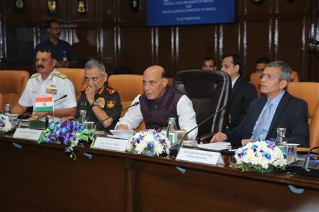Glimpses of meeting between the Union Minister for Defence, Shri Rajnath Singh with the Vice President of Brazil Mr. Geraldo Alckmin and Defence Minister of Brazil Mr Jose Mucio Monteiro Filho, in New Delhi on October 15, 2025.