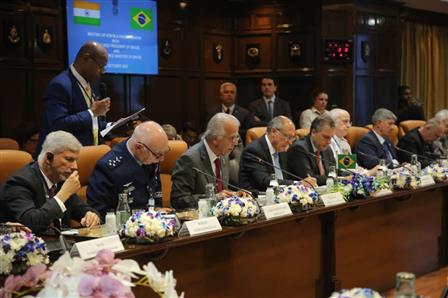 Glimpses of meeting between the Union Minister for Defence, Shri Rajnath Singh with the Vice President of Brazil Mr. Geraldo Alckmin and Defence Minister of Brazil Mr Jose Mucio Monteiro Filho, in New Delhi on October 15, 2025.