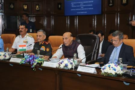 Glimpses of meeting between the Union Minister for Defence, Shri Rajnath Singh with the Vice President of Brazil Mr. Geraldo Alckmin and Defence Minister of Brazil Mr Jose Mucio Monteiro Filho, in New Delhi on October 15, 2025.