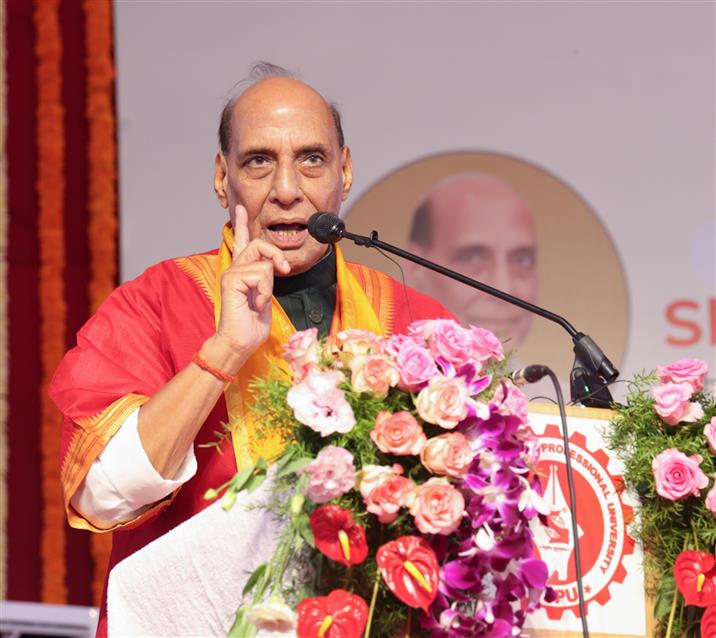 The Union Minister for Defence, Shri Rajnath Singh addressing at the inauguration of the School of Defence and Aerospace Technology at Symbiosis Skills and Professional University, in Pune on October 16, 2025.