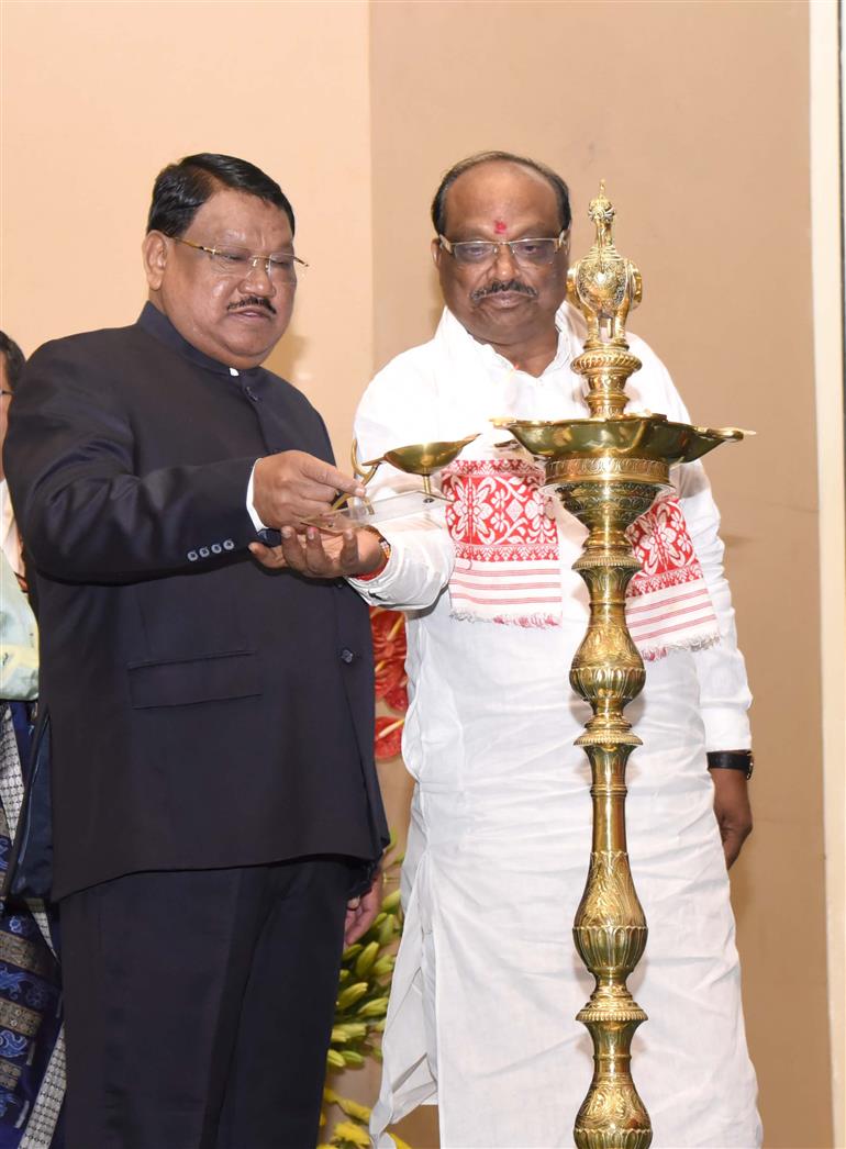 The Union Minister of Tribal Affairs, Shri Jual Oram lighting the lamp along with the Minister of State for Tribal Affairs, Shri Durgadas Uikey at the National Conclave 2025 on the Adi Karmayogi Abhiyan – India’s Responsive Governance Movement held at Vigyan Bhawan, in New Delhi on October 17, 2025.