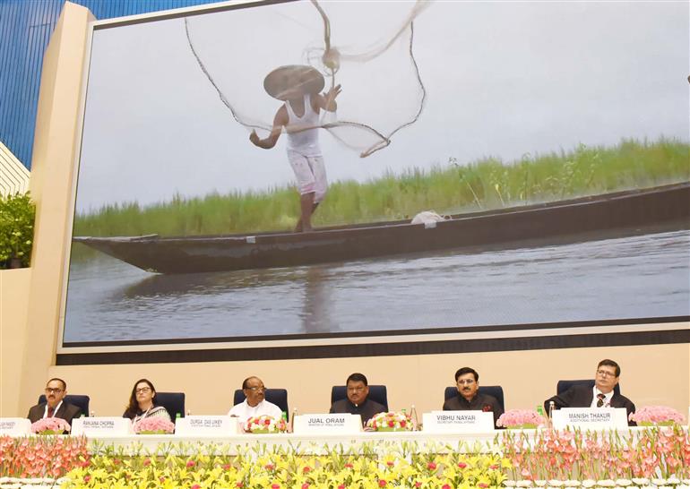 The Union Minister of Tribal Affairs, Shri Jual Oram attends the National Conclave 2025 on the Adi Karmayogi Abhiyan – India’s Responsive Governance Movement held at Vigyan Bhawan, in New Delhi on October 17, 2025. The Minister of State for Tribal Affairs, Shri Durgadas Uikey is also present on the occasion.