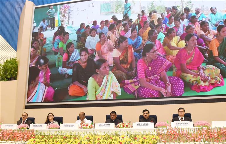 The Union Minister of Tribal Affairs, Shri Jual Oram attends the National Conclave 2025 on the Adi Karmayogi Abhiyan – India’s Responsive Governance Movement held at Vigyan Bhawan, in New Delhi on October 17, 2025. The Minister of State for Tribal Affairs, Shri Durgadas Uikey is also present on the occasion.