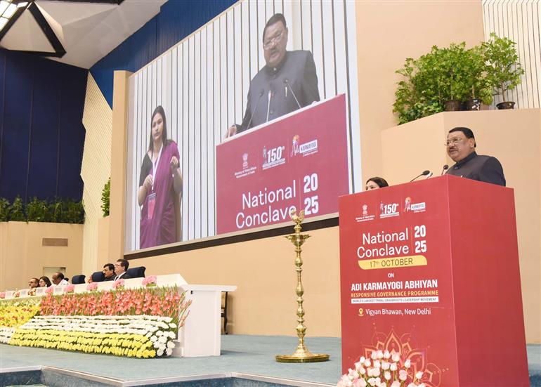 The Union Minister of Tribal Affairs, Shri Jual Oram addressing at the National Conclave 2025 on the Adi Karmayogi Abhiyan – India’s Responsive Governance Movement held at Vigyan Bhawan, in New Delhi on October 17, 2025.