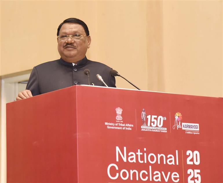 The Union Minister of Tribal Affairs, Shri Jual Oram addressing at the National Conclave 2025 on the Adi Karmayogi Abhiyan – India’s Responsive Governance Movement held at Vigyan Bhawan, in New Delhi on October 17, 2025.