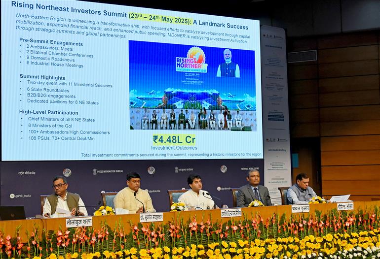 The Union Minister of Communications and Development of North Eastern Region (DoNER), Shri Jyotiraditya M. Scindia addressing the media on One Year’s achievement of Ministry of Development of North-East Region (DoNER) at National Media Centre, in New Delhi on October 17, 2025.