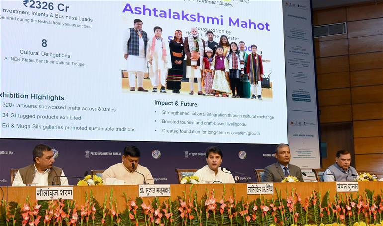 The Union Minister of Communications and Development of North Eastern Region (DoNER), Shri Jyotiraditya M. Scindia addressing the media on One Year’s achievement of Ministry of Development of North-East Region (DoNER) at National Media Centre, in New Delhi on October 17, 2025.