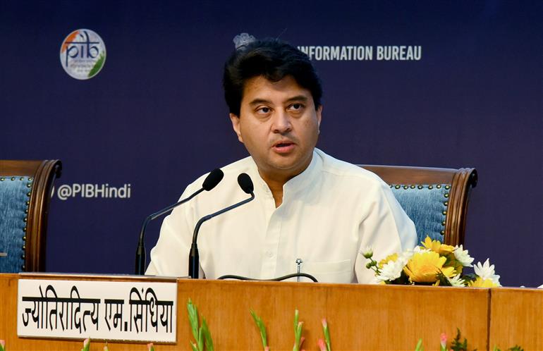 The Union Minister of Communications and Development of North Eastern Region (DoNER), Shri Jyotiraditya M. Scindia addressing the media on One Year’s achievement of Ministry of Development of North-East Region (DoNER) at National Media Centre, in New Delhi on October 17, 2025.