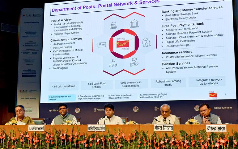 The Union Minister of Communications and Development of North Eastern Region (DoNER), Shri Jyotiraditya M. Scindia addressing the media on One Year’s achievement of Department of Posts and Department of Telecommunications at National Media Centre, in New Delhi on October 17, 2025.