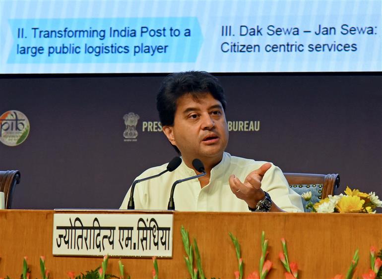 The Union Minister of Communications and Development of North Eastern Region (DoNER), Shri Jyotiraditya M. Scindia addressing the media on One Year’s achievement of Department of Posts and Department of Telecommunications at National Media Centre, in New Delhi on October 17, 2025.