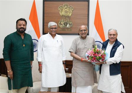 The Union Minister of Culture and Tourism, Shri Gajendra Singh Shekhawat along with the Union Ministers of State, Shri Rao Inderjit Singh and Shri Suresh Gopi called on the Vice President of India & Chairman of the Rajya Sabha, Shri C. P. Radhakrishnan at Parliament House, in New Delhi on October 17, 2025.