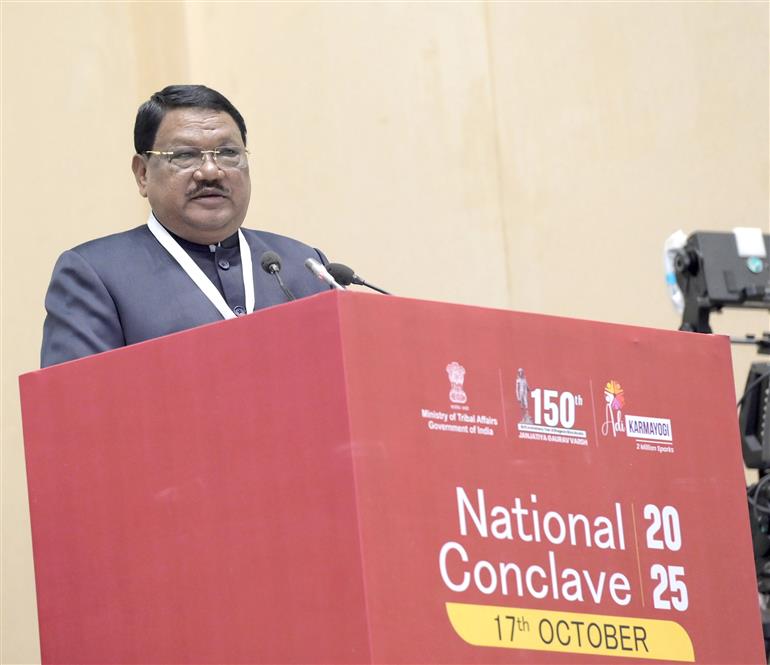 The Union Minister of Tribal Affairs, Shri Jual Oram addressing the National Conclave on ‘Adi Karmayogi Abhiyan’ at Vigyan Bhawan, in New Delhi on October 17, 2025.