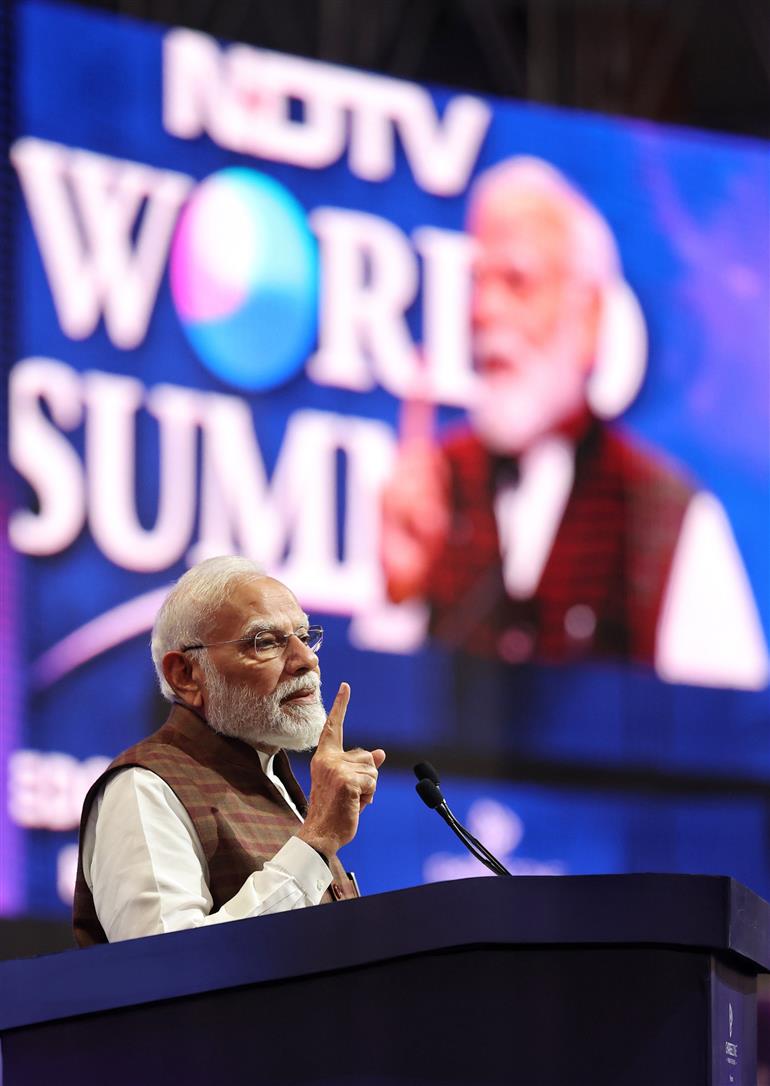 PM addressing at the NDTV World Summit-2025, in New Delhi on October 17, 2025.