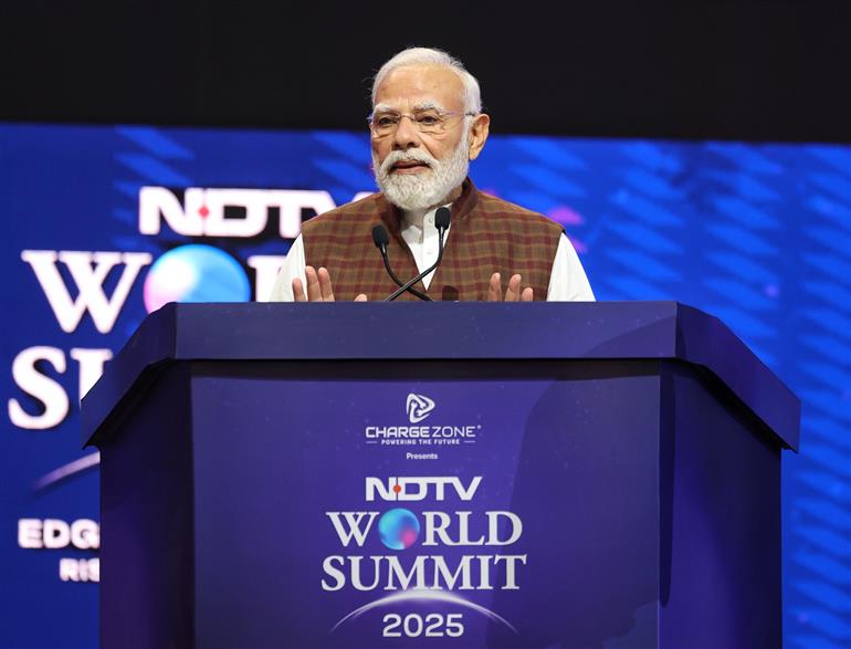 PM addressing at the NDTV World Summit-2025, in New Delhi on October 17, 2025.