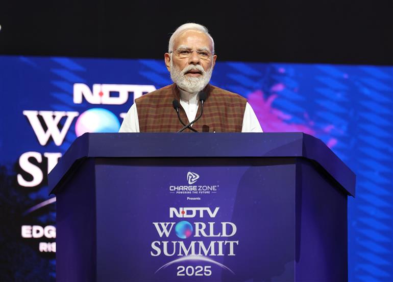PM addressing at the NDTV World Summit-2025, in New Delhi on October 17, 2025.