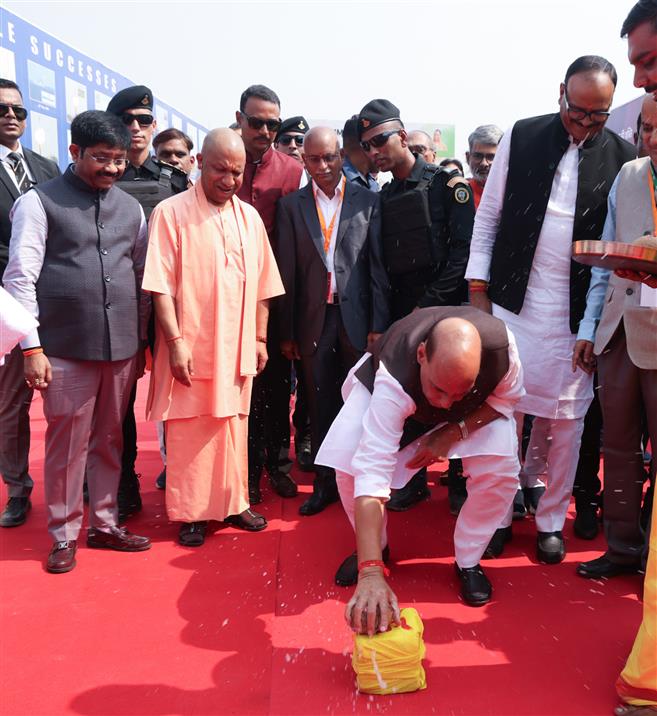 The Union Minister for Defence, Shri Rajnath Singh inaugurates the Booster and Warhead Building at the BrahMos Aerospace unit, in Lucknow, Uttar Pradesh on October 18, 2025.