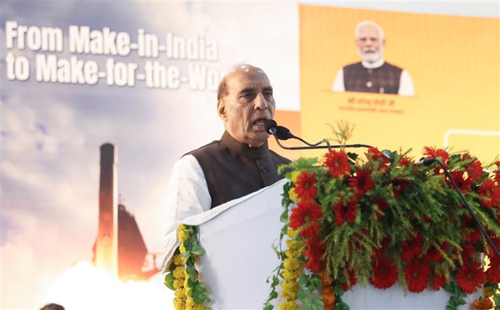 The Union Minister for Defence, Shri Rajnath Singh addressing at the flagging-off ceremony of the first batch of BrahMos missiles, in Lucknow, Uttar Pradesh on October 18, 2025.