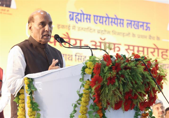 The Union Minister for Defence, Shri Rajnath Singh addressing at the flagging-off ceremony of the first batch of BrahMos missiles, in Lucknow, Uttar Pradesh on October 18, 2025.