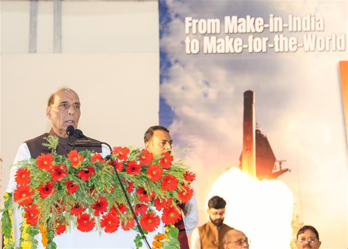 The Union Minister for Defence, Shri Rajnath Singh addressing at the flagging-off ceremony of the first batch of BrahMos missiles, in Lucknow, Uttar Pradesh on October 18, 2025.