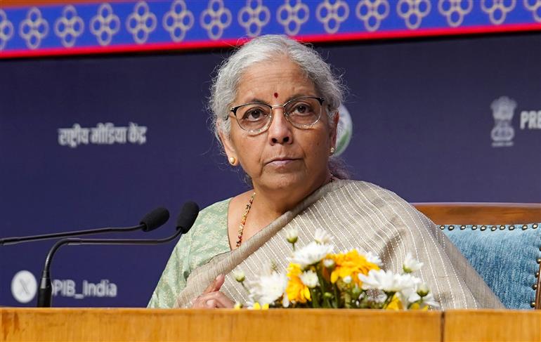 The Union Minister for Finance and Corporate Affairs, Smt. Nirmala Sitharaman addressing a Press Conference on GST Bachat Utsav at National Media Centre, in New Delhi on October 18, 2025.