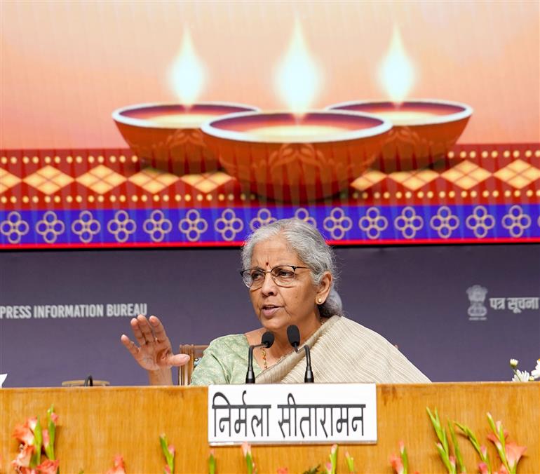 The Union Minister for Finance and Corporate Affairs, Smt. Nirmala Sitharaman addressing a Press Conference on GST Bachat Utsav at National Media Centre, in New Delhi on October 18, 2025.