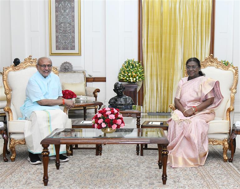 The Vice-President of India & Chairman of the Rajya Sabha, Shri C. P. Radhakrishnan called on the President of India, Smt Droupadi Murmu and exchanged Deepawali greetings at Rashtrapati Bhavan, in New Delhi on October 20, 2025.