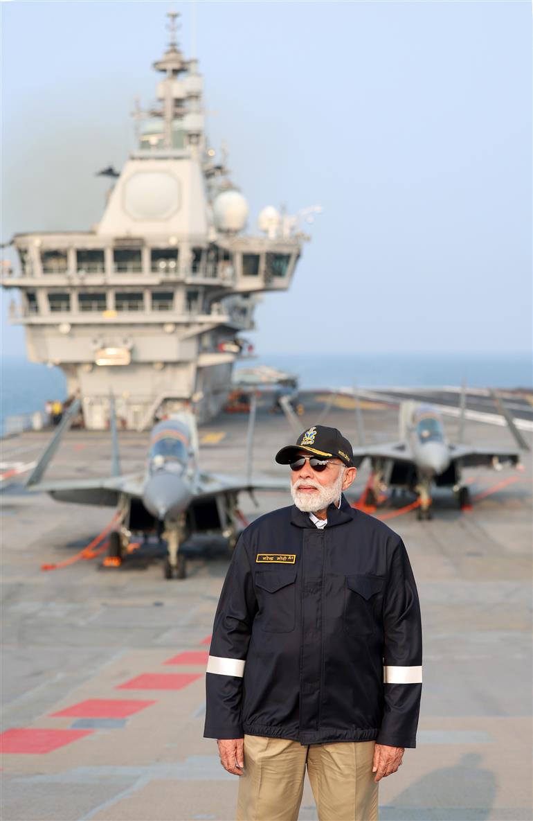 PM arrived on the sidelines of Diwali celebration at INS Vikrant on October 20, 2025.