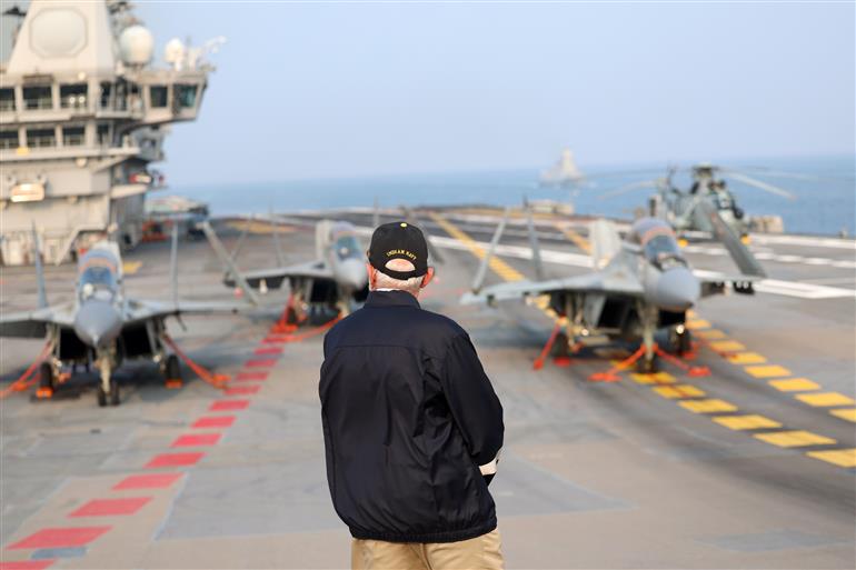 PM arrived on the sidelines of Diwali celebration at INS Vikrant on October 20, 2025.