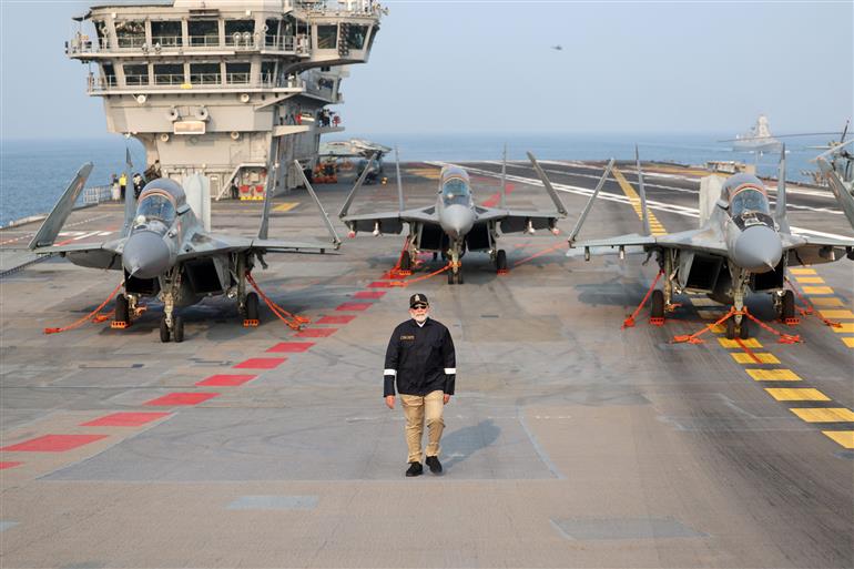 PM arrived on the sidelines of Diwali celebration at INS Vikrant on October 20, 2025.