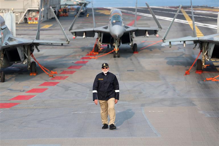 PM arrived on the sidelines of Diwali celebration at INS Vikrant on October 20, 2025.