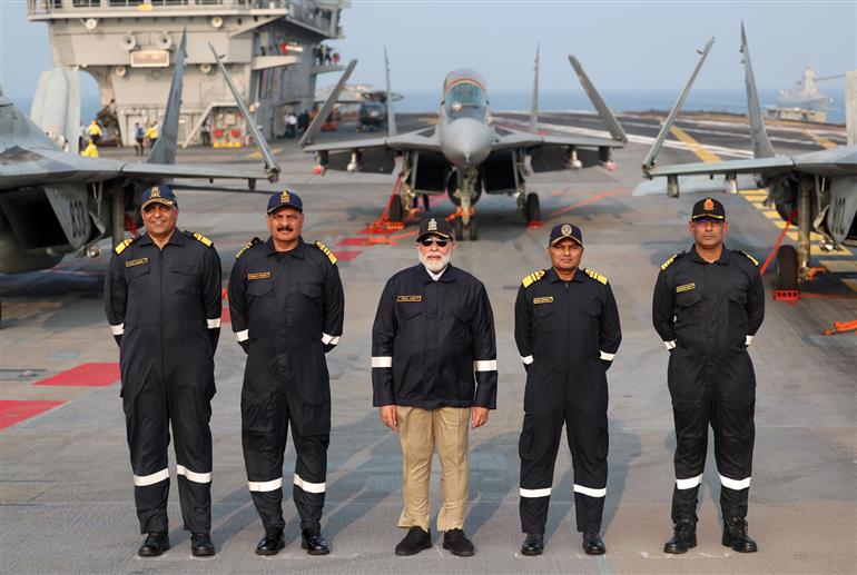 PM arrived on the sidelines of Diwali celebration at INS Vikrant on October 20, 2025.