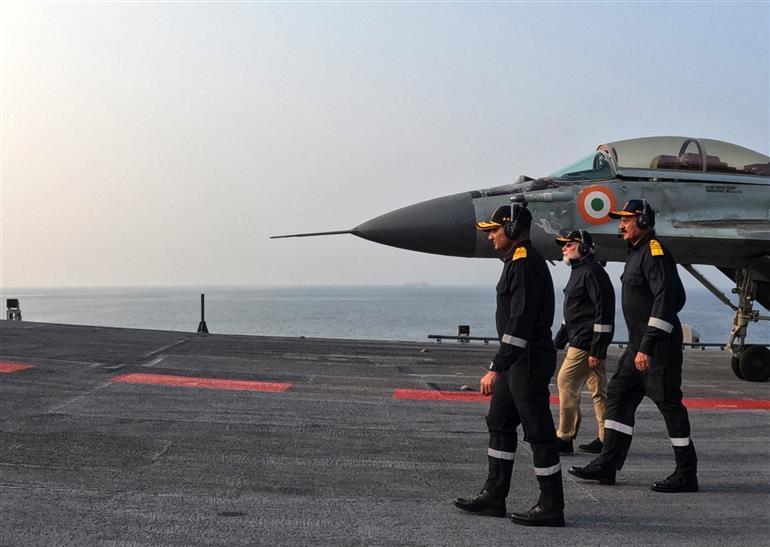 PM arrived on the sidelines of Diwali celebration at INS Vikrant on October 20, 2025.