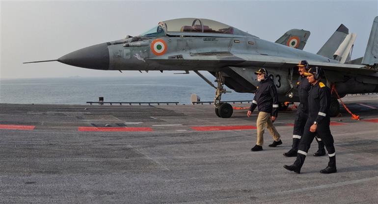 PM arrived on the sidelines of Diwali celebration at INS Vikrant on October 20, 2025.