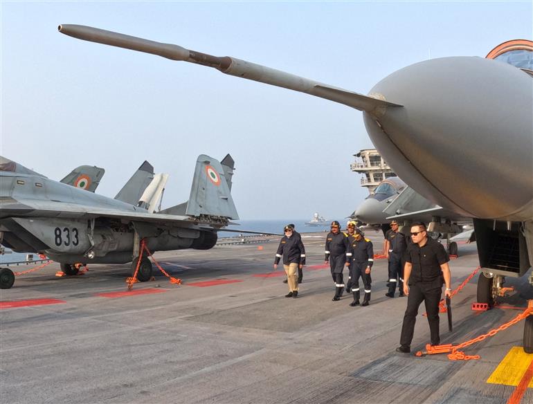 PM arrived on the sidelines of Diwali celebration at INS Vikrant on October 20, 2025.