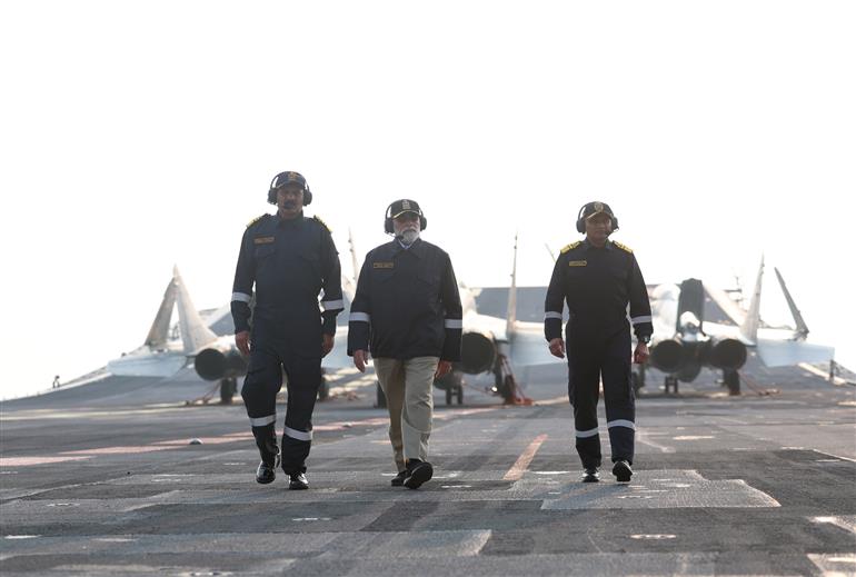 PM arrived on the sidelines of Diwali celebration at INS Vikrant on October 20, 2025.