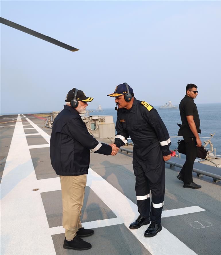 PM arrived on the sidelines of Diwali celebration at INS Vikrant on October 20, 2025.