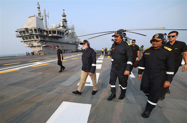 PM arrived on the sidelines of Diwali celebration at INS Vikrant on October 20, 2025.