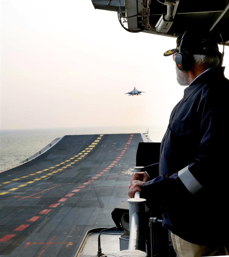PM witnesses spectacular Air Power Demo at INS Vikrant on October 20, 2025.