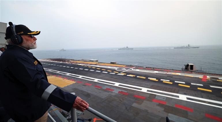 PM witnesses spectacular Air Power Demo at INS Vikrant on October 20, 2025.