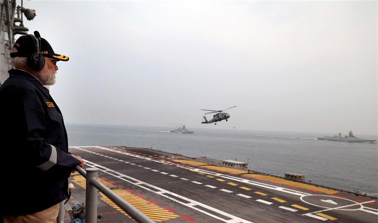 PM witnesses spectacular Air Power Demo at INS Vikrant on October 20, 2025.