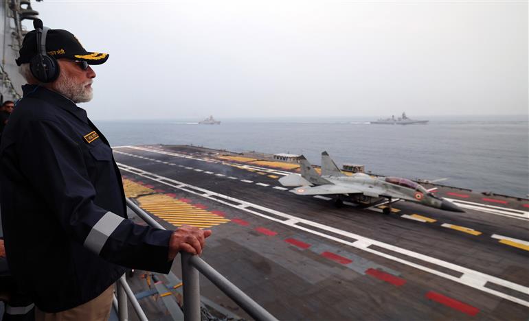 PM witnesses spectacular Air Power Demo at INS Vikrant on October 20, 2025.