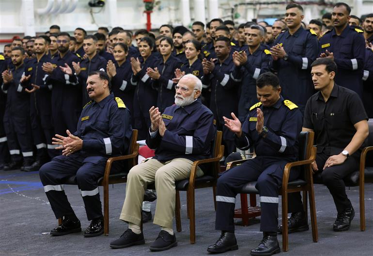 PM attends cultural programme on the sidelines of Diwali celebration at INS Vikrant on October 20, 2025.