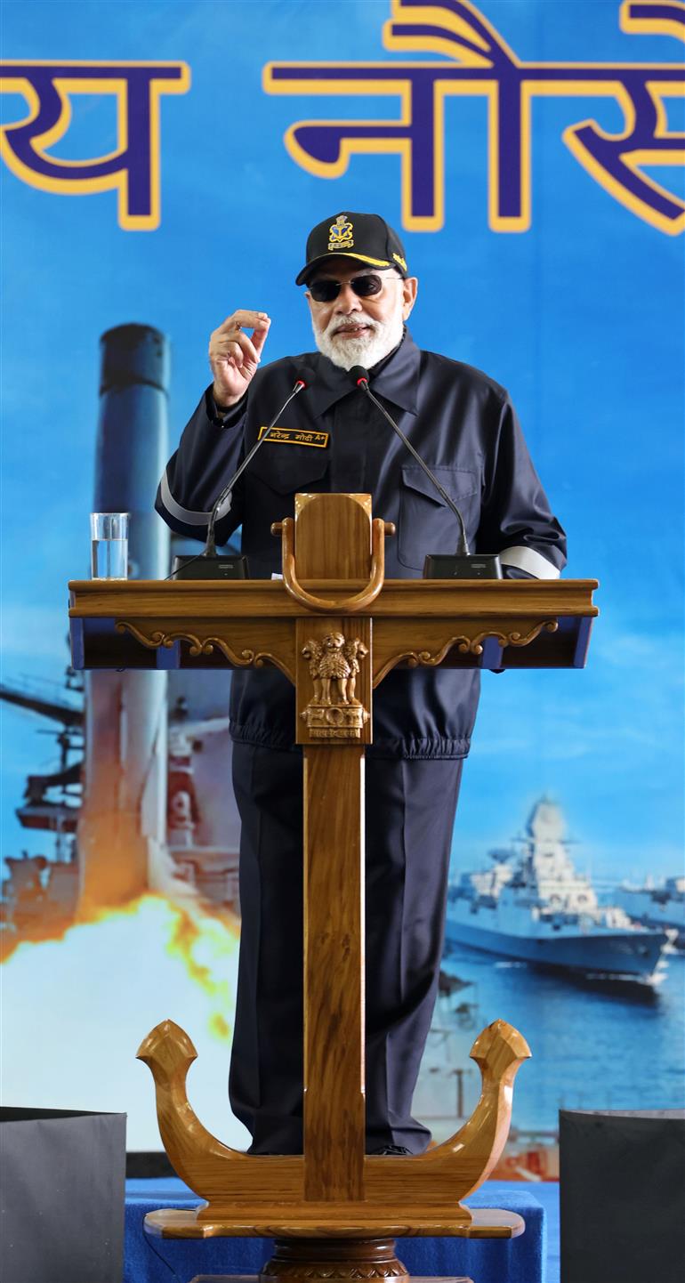 PM addressing the armed forces personnel during Diwali celebration on board the INS Vikrant on October 20, 2025.